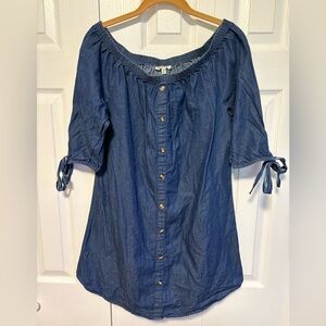 Speed Control Dark Blue Chambray Button-Down Off-Shoulder Top with Tie Sleeves